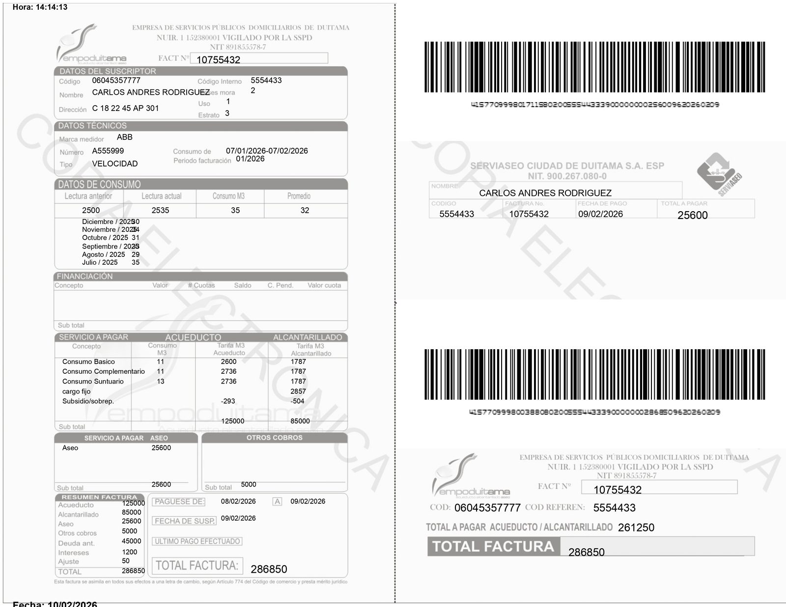 Ejemplo de factura de servicios públicos EMPODUITAMA